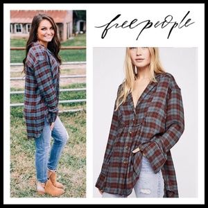 Free People Brown Teal Plaid Flannel Top XS